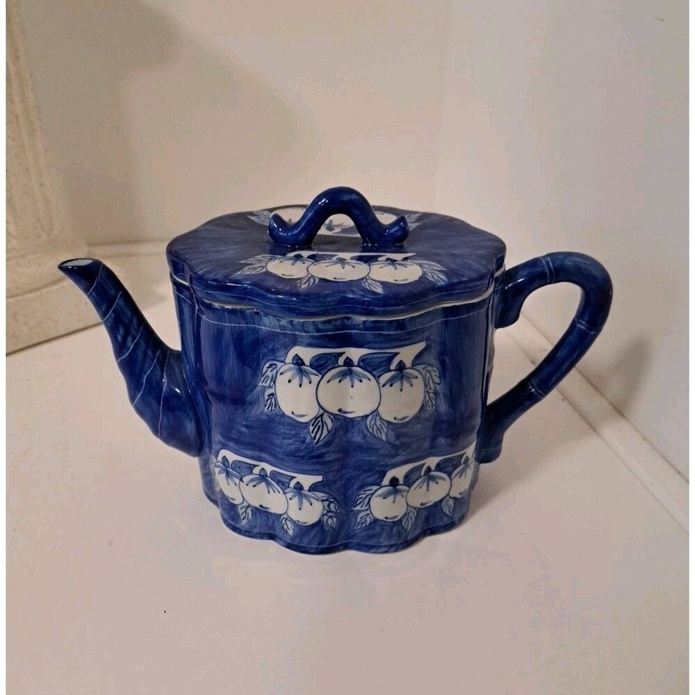 1990's Strata Group Blue Handpainted Teapot  Made In Thailand